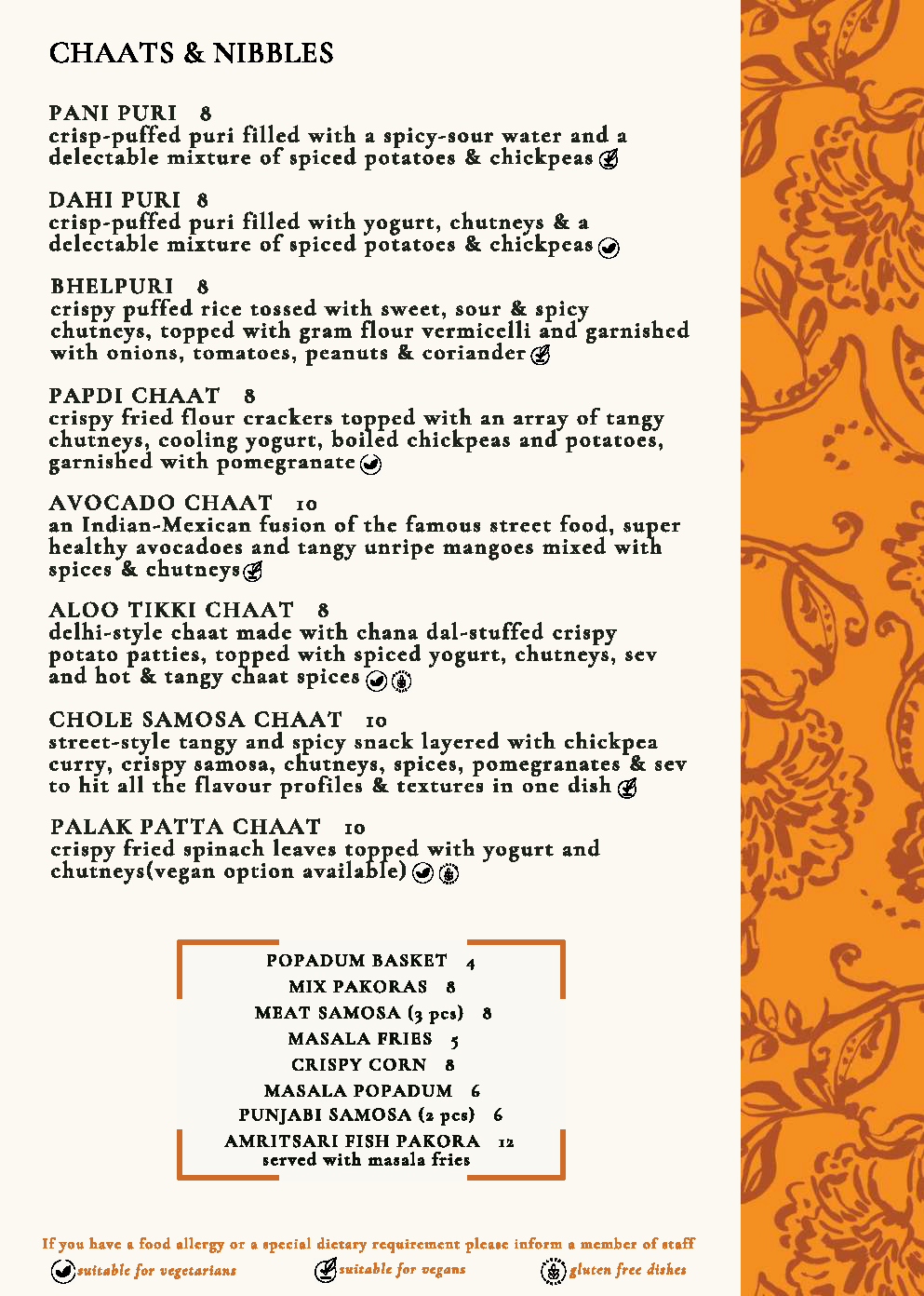 Menu titled "FROM OUR TANDOOR" featuring various dishes: Paneer Tikka, Soya Champ Tikka, Malai Chicken Tikka, Lamb Chops, Seekh Kebab, and Chicken Wings. Each item is described with ingredients and cooking details. Icons indicate vegetarian, vegan, and halal options. Prices listed.