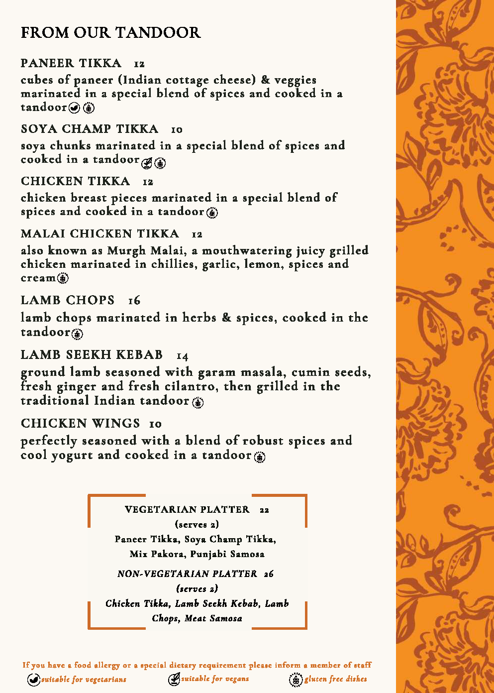 A menu listing "Large Plates & Biryanis" on an ornate orange background. Dishes include Tadka Dal, Dal Makhani, Paneer Makhani, Palak Paneer, Baingan Masala, Butter Chicken, Lamb Curry, and Chicken Biryani, each with detailed descriptions and spice icons.