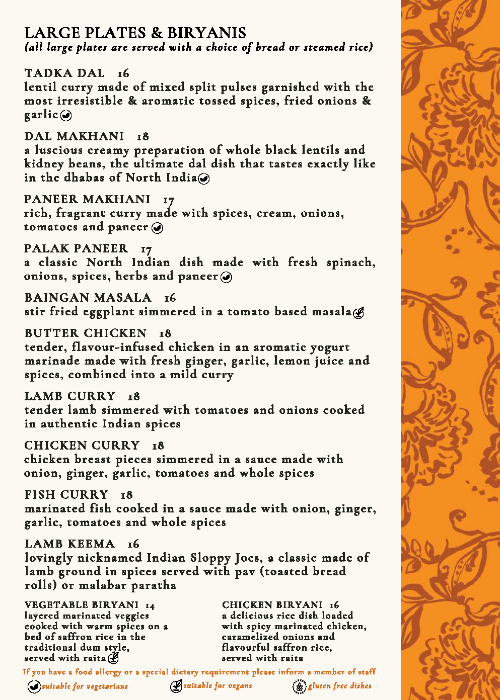 A menu with Indian dishes. Sections include Sides, Breads & Rice, Desserts, and Indian Refreshments. Items listed with prices. Decorative orange border at the top. Special notes at the bottom about allergies and available flavors for kulfi on a stick.