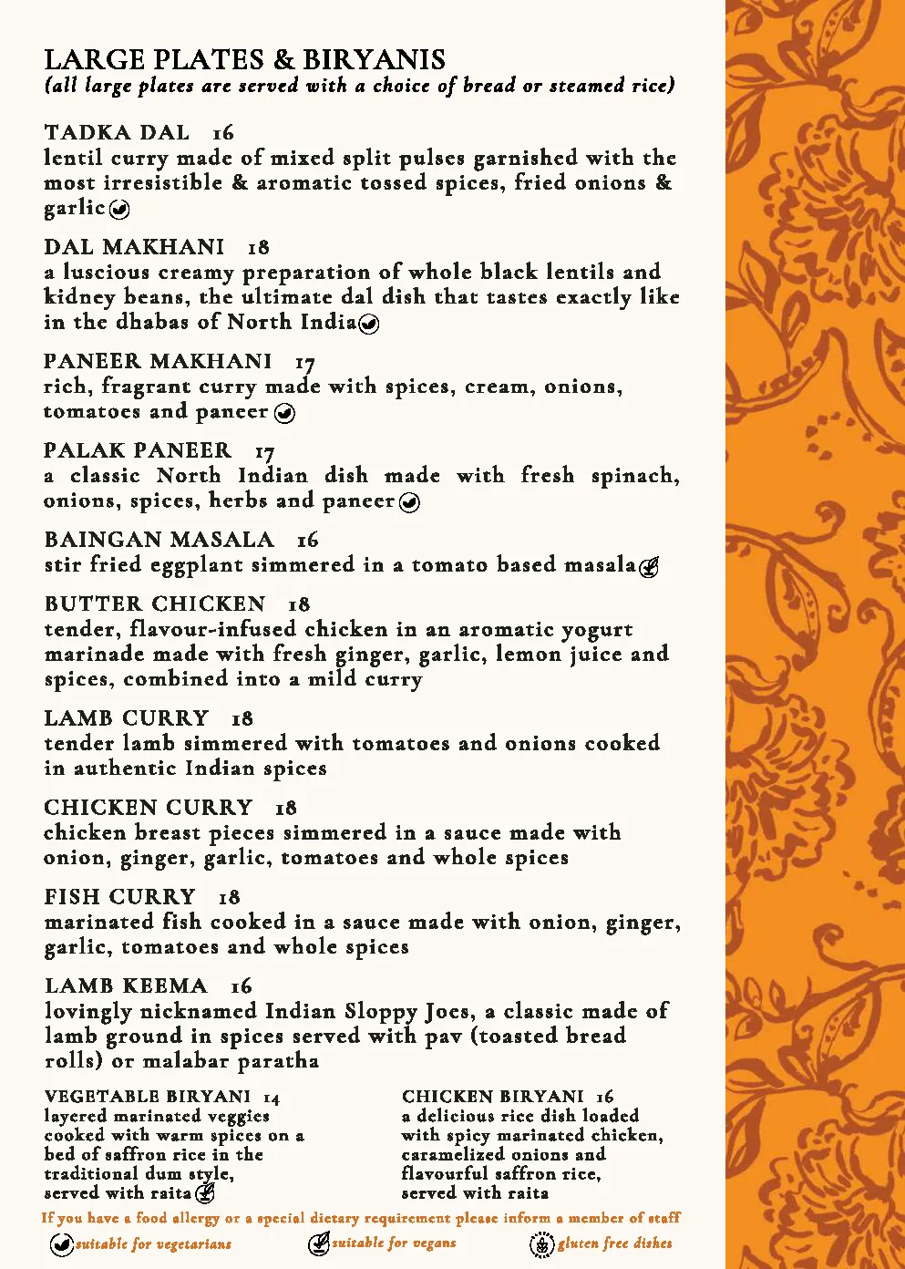 A menu with Indian dishes. Sections include Sides, Breads & Rice, Desserts, and Indian Refreshments. Items listed with prices. Decorative orange border at the top. Special notes at the bottom about allergies and available flavors for kulfi on a stick.