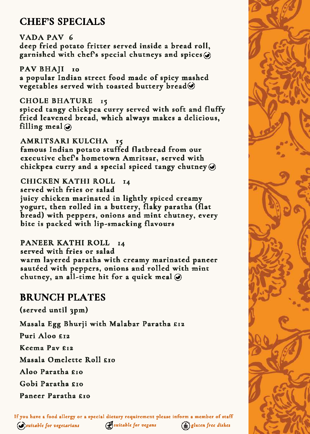 A menu with Indian dishes. Sections include Sides, Breads & Rice, Desserts, and Indian Refreshments. Items listed with prices. Decorative orange border at the top. Special notes at the bottom about allergies and available flavors for kulfi on a stick.