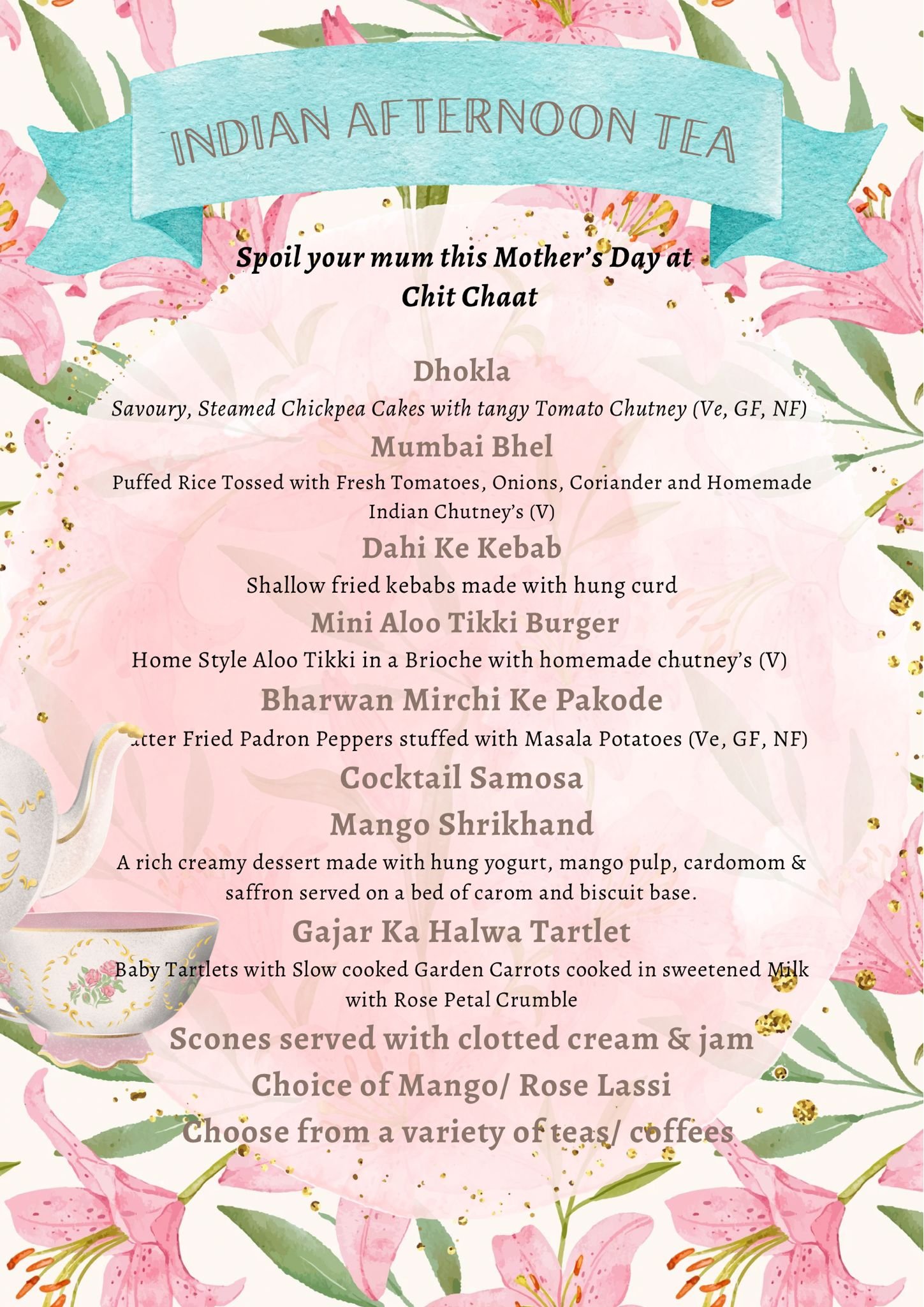 Menu titled "Chit Chaat" with sections for "Chaats & Nibbles." Items include Pani Puri, Dahi Puri, Bhelpuri, Papi Chaat, Avocado Chaat, and Aloo Tikki Chaat. Each item has a price of 8 and a detailed description. There are symbols for spicy and adaptable dishes.