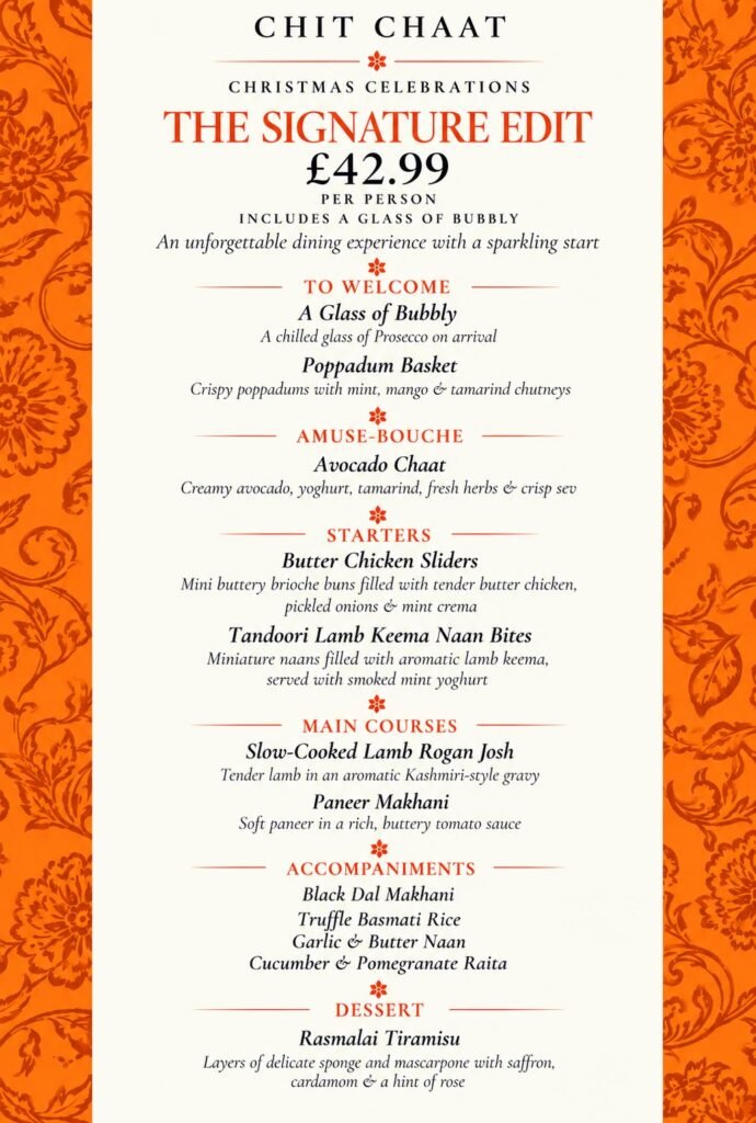 Chit Chaat Christmas menu, The Signature Edit at £42.99 per person with a glass of bubbly
